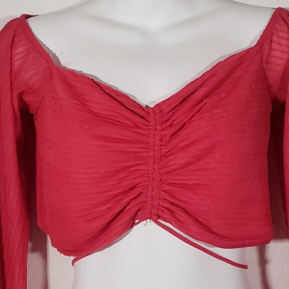 Zara women's Crop Top Large Hot Pink Ruched Sheer Fairy Ruffles Boho Hippie - Picture 2 of 7